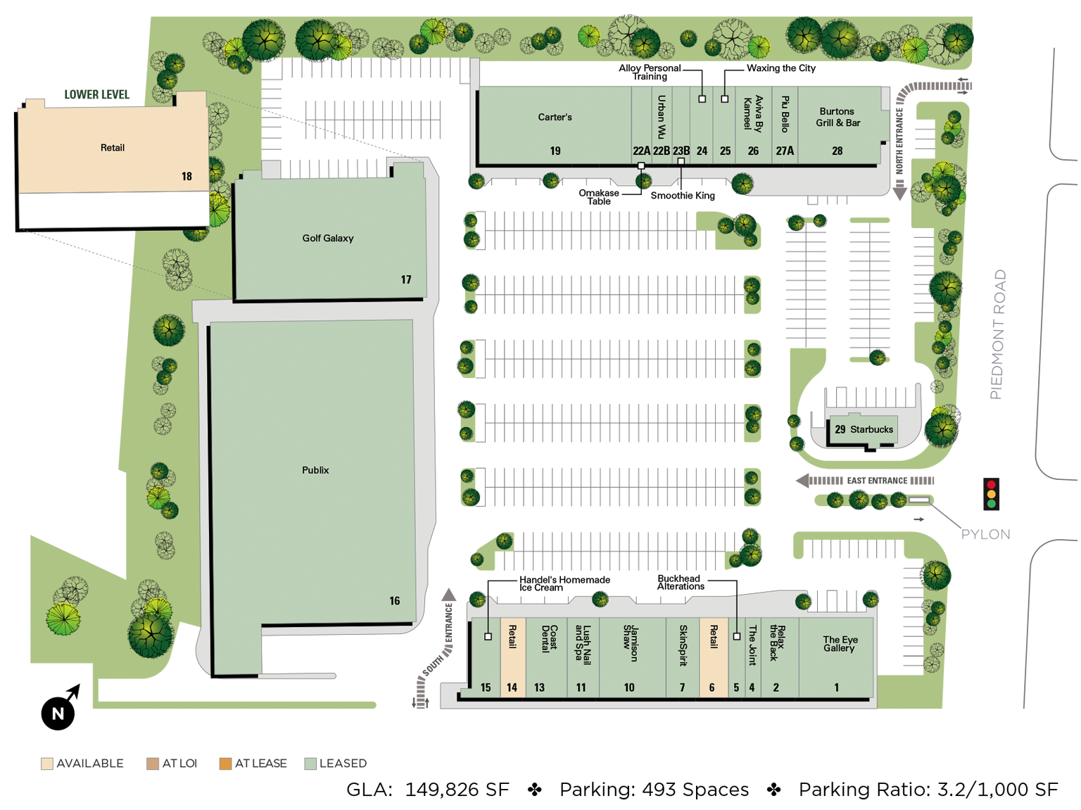Site plan showing available spaces for lease at Buckhead Landing.